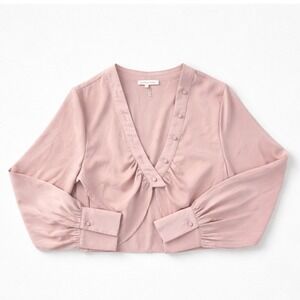Mimosa Women Sm‎ Blush Pink Crop L/S V-Neck Button Blouse Top Silky Balletcore